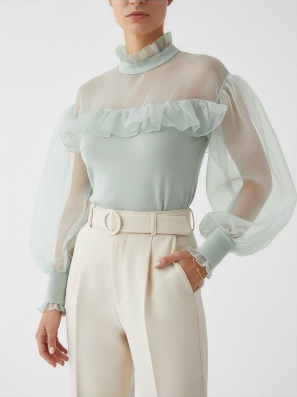BNWT Zara Sheer Ruffle Neck Long-Sleeve Top - Light Mint